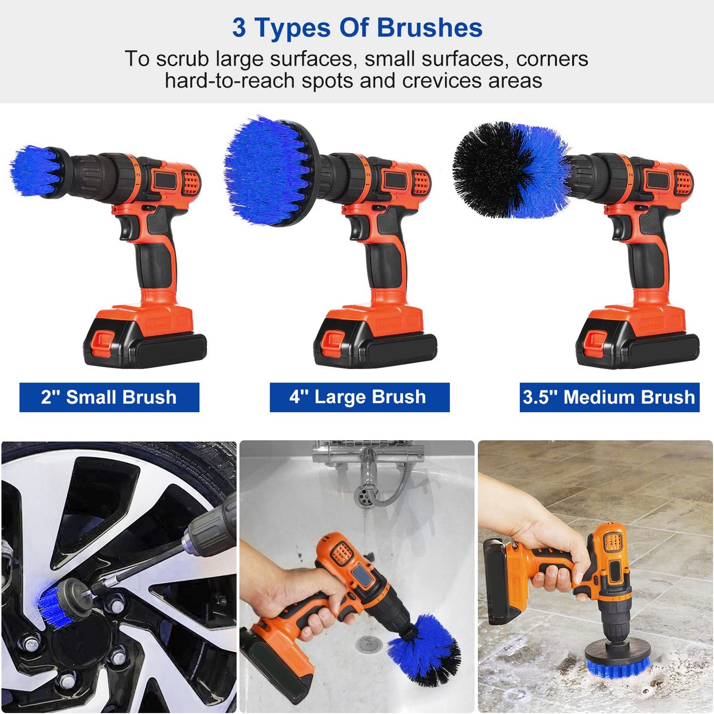 3Pcs Per Set Drill Brush Power Scrubber Cleaning Brush For Car Carpet Wall Tile Tub Cleaner Combo Brush Only