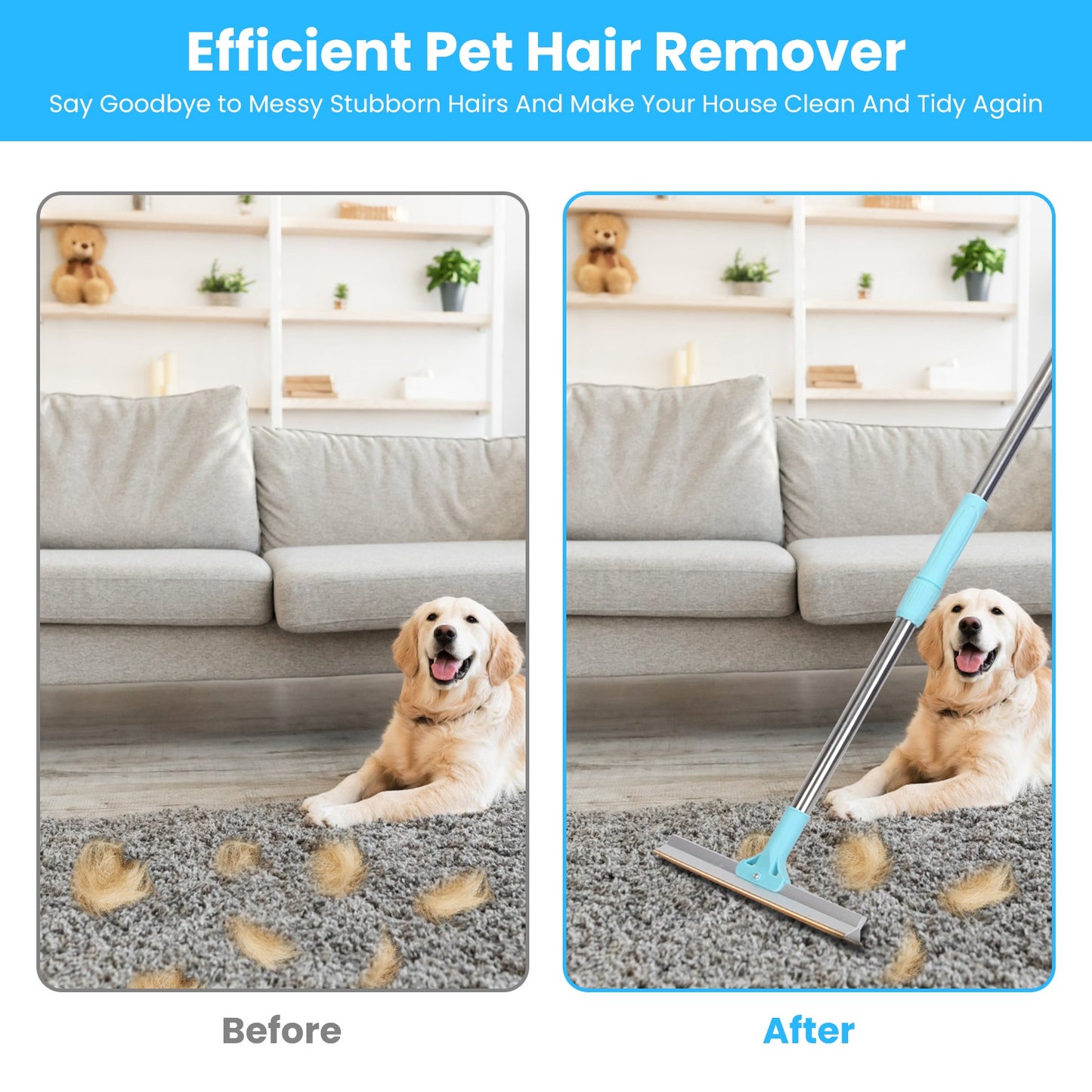 Pet Hair Removal Rake With 54.33in Adjustable Telescopic Rod