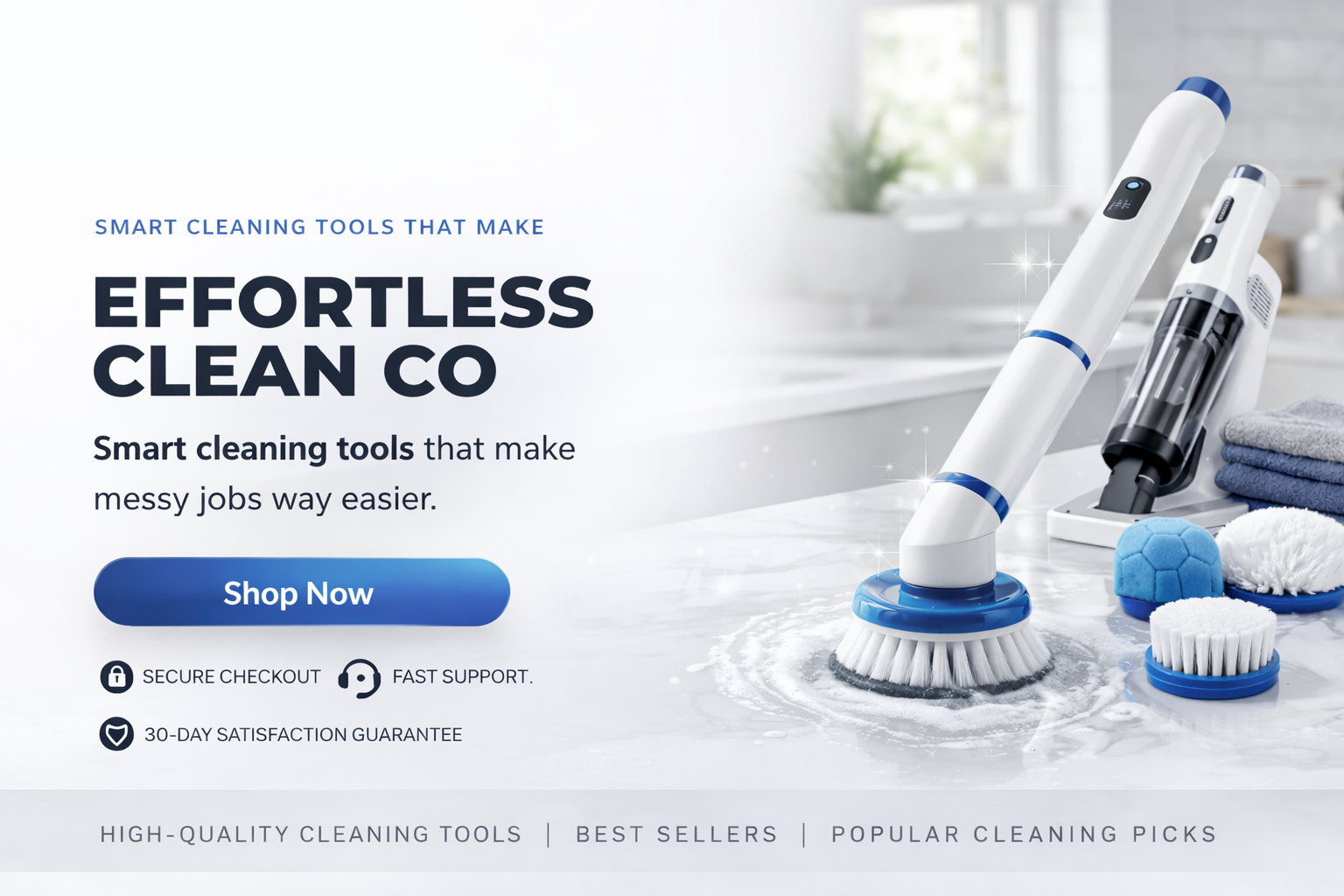 Cleaning tools with a focus on ease of use, featuring a 'Shop Now' button.