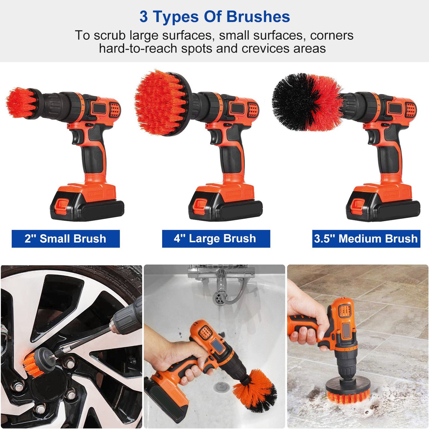 3Pcs Per Set Drill Brush Power Scrubber Cleaning Brush For Car Carpet Wall Tile Tub Cleaner Combo Brush Only
